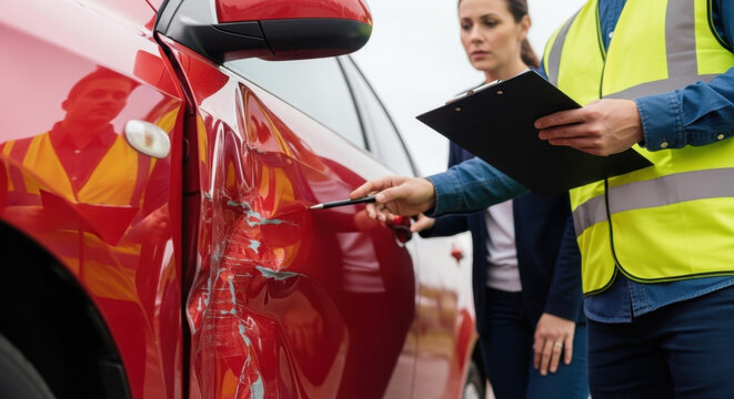 Insurance agent assessing car damage after an accident, representing auto insurance claims, coverage protection, and risk management services. 