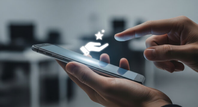 Close-up of a hand using a smartphone with a reward and loyalty icon, symbolizing point redemption, cashback offers, promo benefits, and digital membership programs.