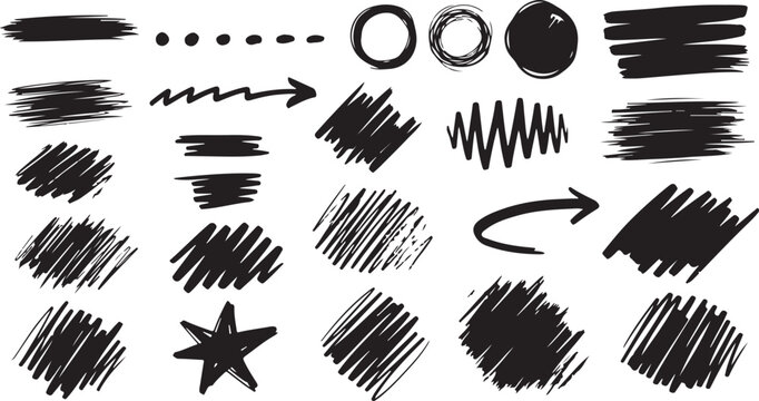 Black grunge brush stoke set. Hand drawn crayon underline, zigzag, dash line collection. Wet or dry pastel pencil doodle scribble bundle. Vector rough chalk charcoal sketch
