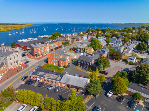 Newburyport historic downtown aerial view on Water Street, Newburyport, Massachusetts MA, USA.