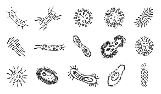 Microorganism line art vector set with bacteria virus and cell structures outline scientific illustration