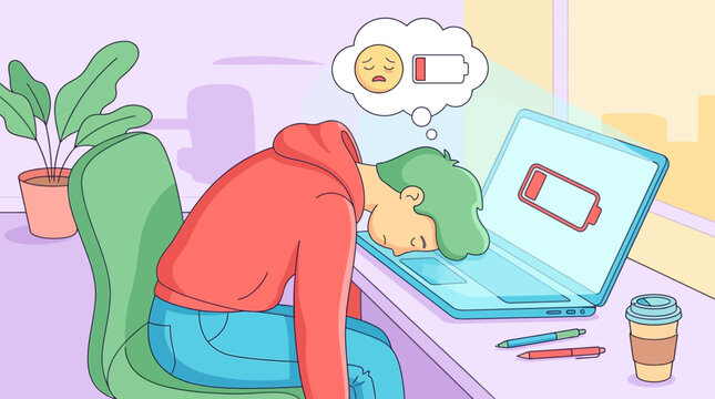 Tired employee slumping over a laptop in a pastel home office, showing burnout and remote work stress.