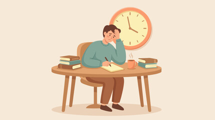 Fototapeta premium Stressed man working at a desk with books and a clock in a warm flat illustration style.