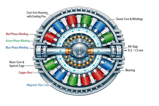 Diagram illustrating the internal workings of a three-phase electric motor