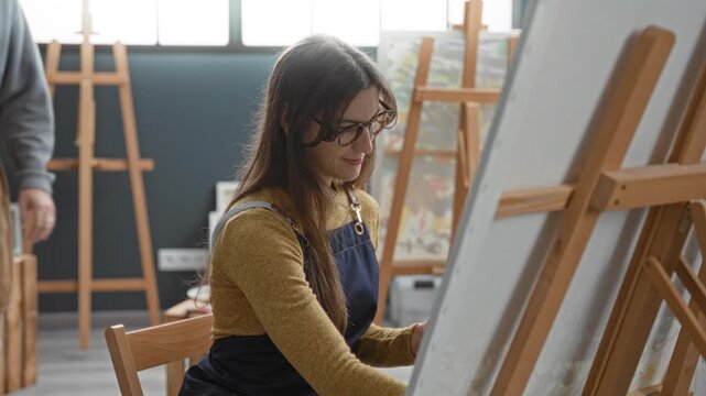 Woman laughing at easel as man leans over and guides paintwork in studio both wearing aprons and glasses; creative joy.