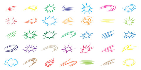 Hand drawn comic motion effects icon set vector, doodle speed lines, swirls, bursts and impact elements, colorful sketch style for action, highlights and cartoon design . © Hike Studio 2