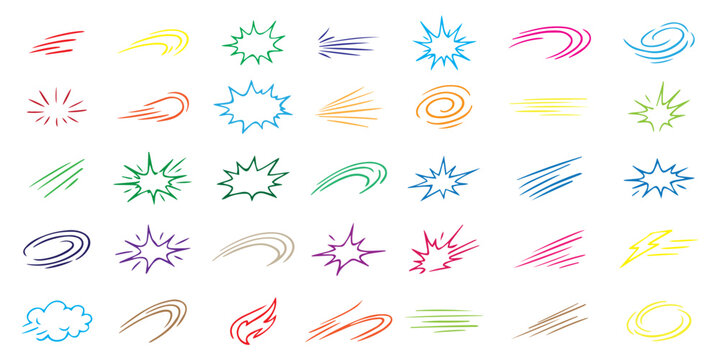 Hand drawn comic motion effects icon set vector, doodle speed lines, swirls, bursts and impact elements, colorful sketch style for action, highlights and cartoon design .