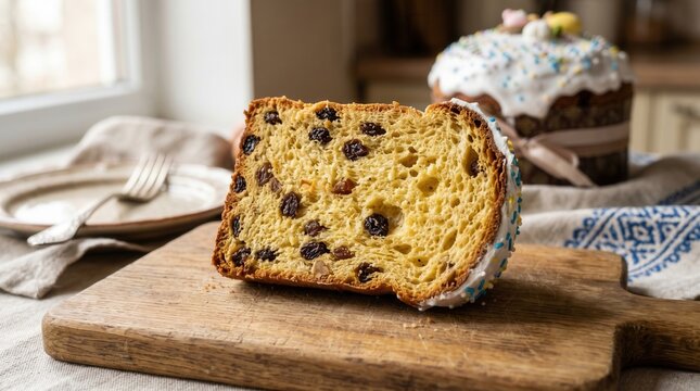 Sweet bread (Panettone, Pan dulce) decorated with icing, raisins, and colorful sprinkles, resting on a wooden cutting board.