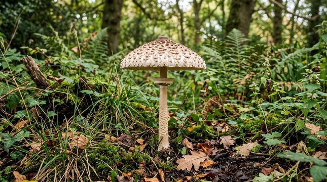Macrolepiota procera, known as the parasol mushroom, showcases its distinctive umbrella-like cap amidst lush undergrowth and fallen leaves.