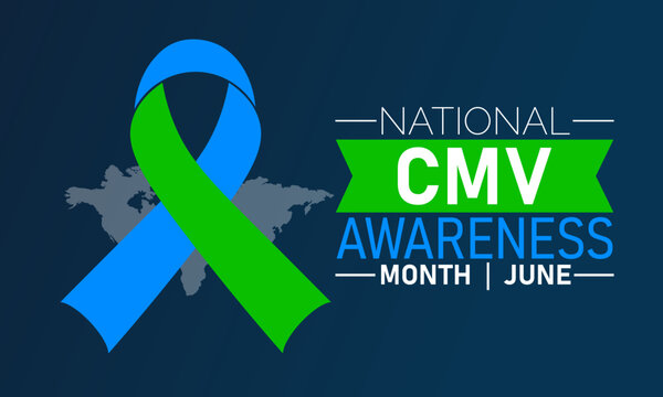 National cmv awareness month june blue green ribbon and world map graphic