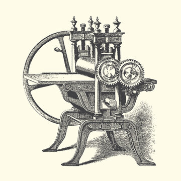 Vintage printing press machine with large wheel and gears detailed etching illustration black and white mechanical engineering industrial machinery equipment mechanical illustration engraving