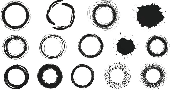 Round grunge frame collection with ink texture. Circular stamp borders in black style. Vintage distressed