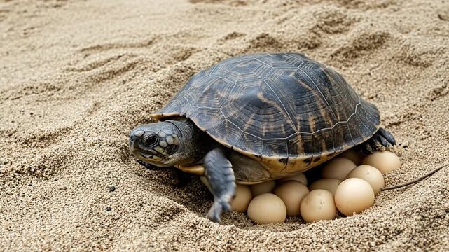 A turtle guards its eggs in a nest of sand.