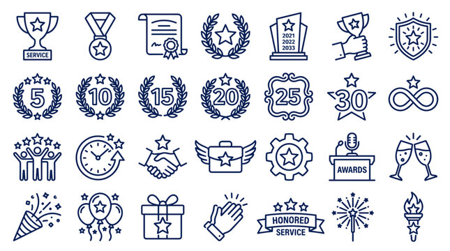 Collection of modern line art icons representing success achievement awards recognition and celebration concepts for business and personal achievements
