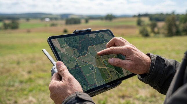 Drone pilots hands navigating property limits on a highres tablet interface with rural fields out of focus emphasizing remote land title verification.