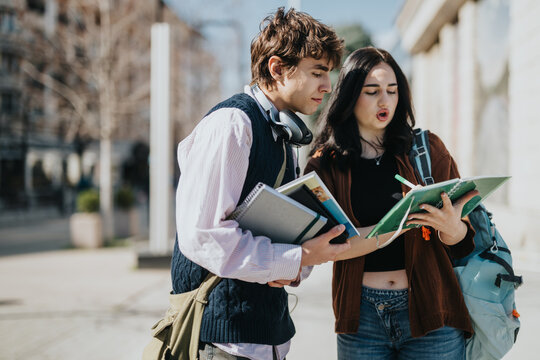 Two students study together outdoors, sharing notebooks and textbooks. A young man and woman consult notes on a sunny campus walkway.
