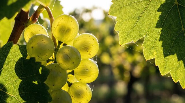Close up of ripe green grapes on the vine in sunlight.