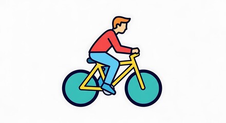 Fototapeta premium A flat-design illustration showing a person riding a bicycle. The figure is colored in red, blue, and orange with a yellow bicycle