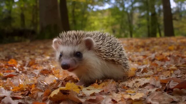 European Hedgehog Investigating Leaf Piles. Closeup Of Hedgehog Foraging Among Fallen Autumn Leaves