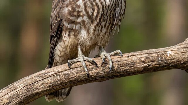 Close up of a hawk perched on a tree branch in a forest.