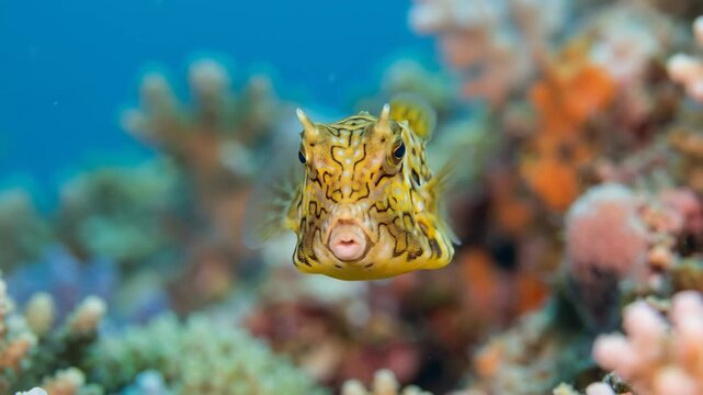 Yellow Longnose Boxfish Swimming Among Colorful Coral Reefs.