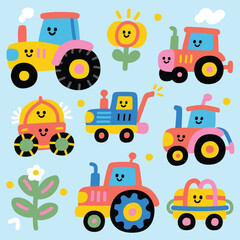 Naklejka premium Cute Cartoon Farm Truck Vector Illustration with Happy Rural Scene and Agricultural Elements