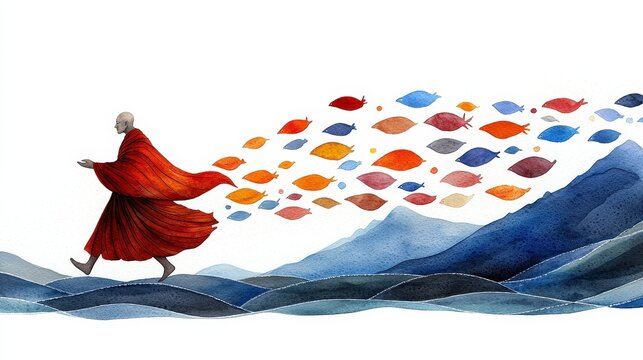 Serene Journey of a Monk Surrounded by Colorful Fish and Waves