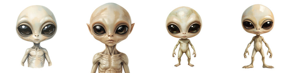 Obraz premium Different style illustrations of humanoid aliens with large eyes on black background