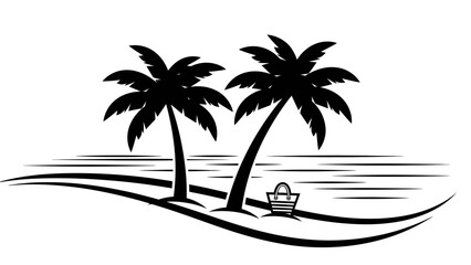 Obraz premium Tropical Beach Paradise: Palm Trees, Ocean Waves, and Picnic Basket Silhouette