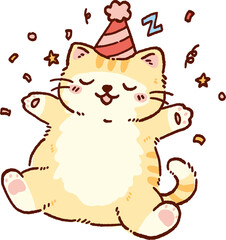 Naklejka premium cute cartoon cat celebrating birthday with confetti illustration, adorable chubby kitten wearing party hat enjoying festive moment in pastel kawaii style isolated