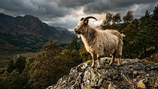 Majestic mountain goat stands proudly on rocky outcrop overlooking valley.