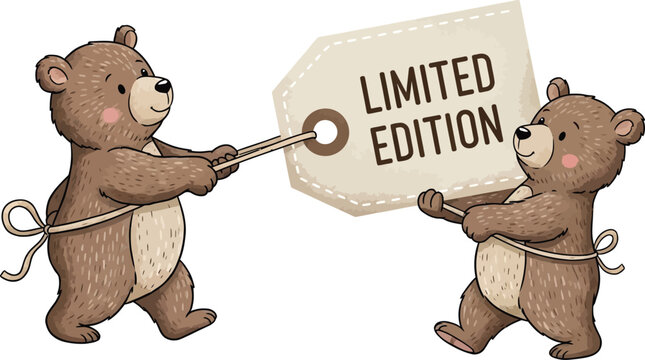 Two adorable brown bears pulling a limited edition tag in a playful and cute illustration.