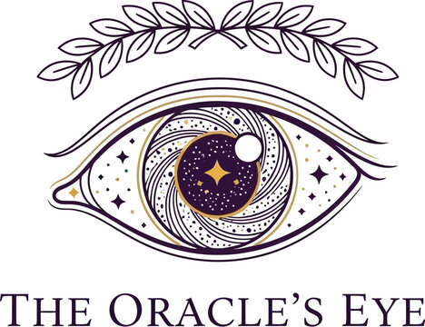 A mystical logo featuring an all-seeing eye with celestial elements and the phrase The Oracle's Eye.