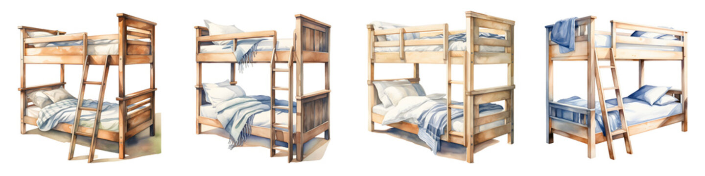 Different perspectives of wooden bunk beds with ladder for children or adults