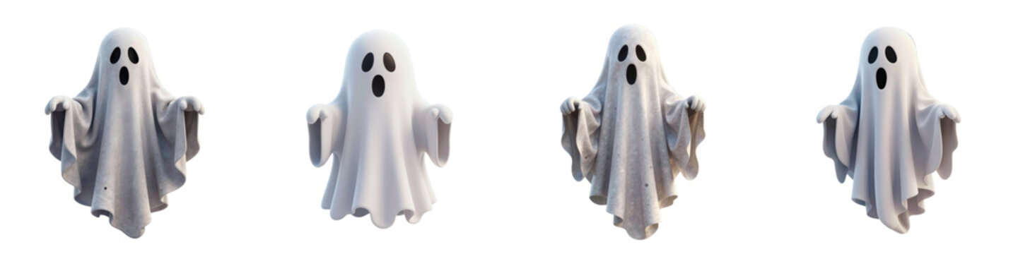 Four spooky white ghosts float against a black background ready for halloween