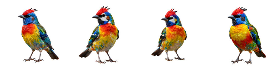 Obraz premium Colorful birds sit against a black background in a panoramic layout