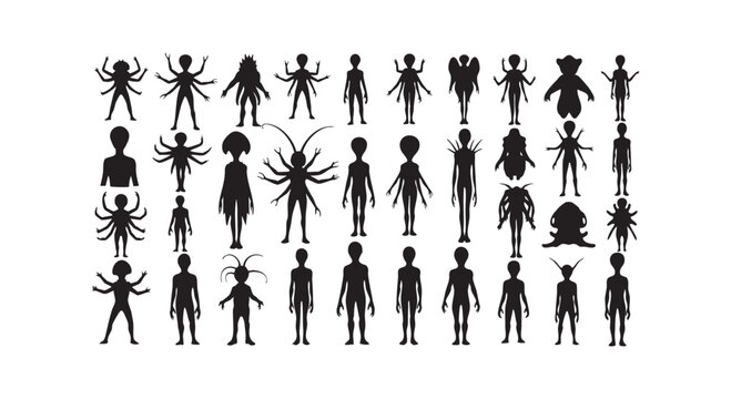 Alien silhouette set with various extraterrestrial creature shapes and monster character designs for sci fi concept art.