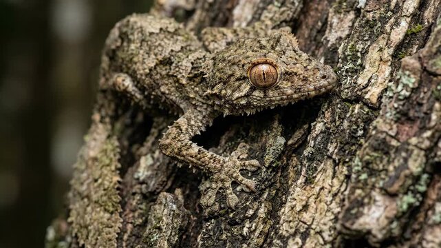 Camouflaged Mossy Leaf-Tailed Gecko Blends Seamlessly with Tree Bark.