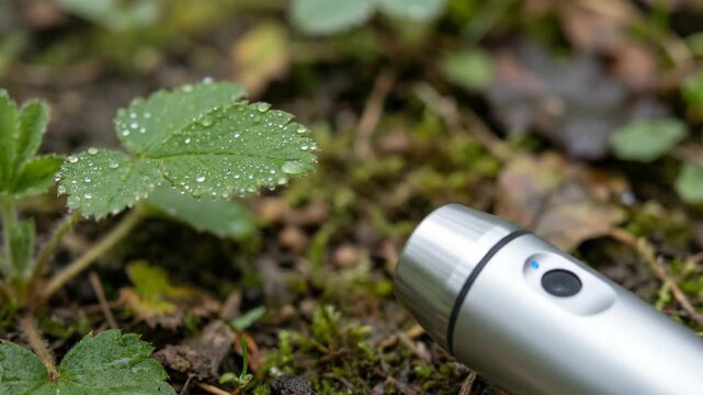 Close up of a silver laser pointer aimed at a dew-covered green leaf.