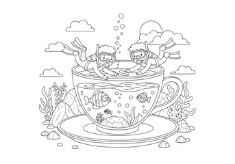 Coloring page for children with two kids snorkeling in a giant teacup filled with water and fish, underwater scene with coral and rocks, black and white vector illustration © Hikari Vector Studio