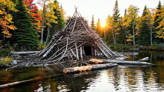 Tranquil beaver lodge in calm water surrounded by vibrant autumn foliage with a setting sun, peaceful nature scene