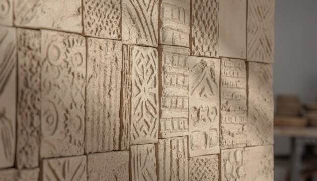 Closeup medium shot capturing wall tile pattern pressing highlighting detailed relief designs in soft clay ready for glazing and kiln firing.
