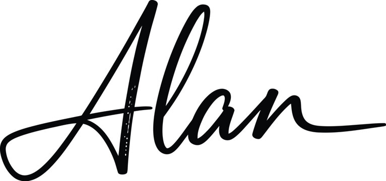 A black signature of the name Alan on a white background