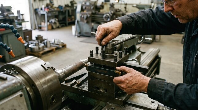 Close view of a machinist setting cutoff tools on a lathe turret emphasizing tool positioning and preparation for efficient part separation tasks.
