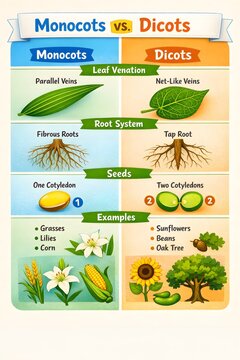 Educational Plant Biology Chart Monocots vs Dicots Characteristics