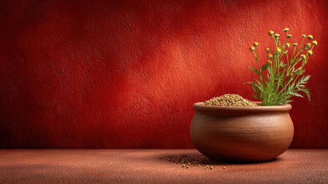 Plant in pot on table green plant growing in ceramic pot situated on wooden table surface