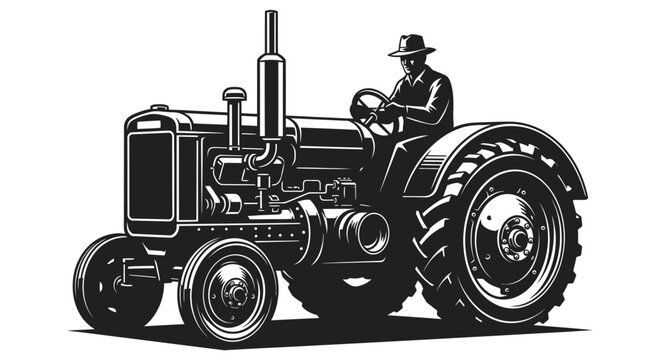 Man driving an old classic tractor in a monochrome vintage illustration style on an isolated white background.