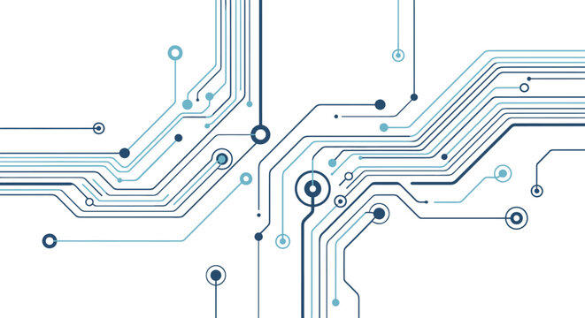 Abstract circuit board pattern with blue glowing lines and dots on an isolated white background.