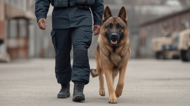 A trained dog and handler working closely together in an urban environment, showcasing teamwork and dedication in security and patrol tasks.