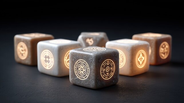 Fantasy Dice Arranged on Dark Table with Glowing Edges, Capturing a Mysterious Atmosphere Perfect for Role-Playing Game Themes